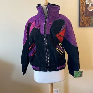 NWT 80s Colorful Suede Leather Bomber Jacket